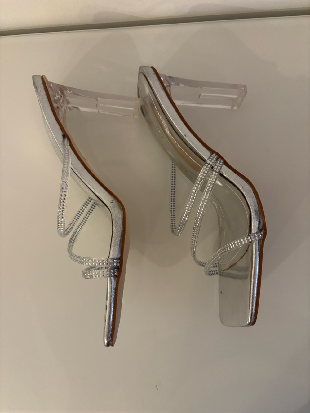 Lulamax Silver Rhinestone Clear Strappy Stiletto Mules - Picture 8 of 12